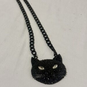 Betsey Johnson Black Glitter Cat Necklace Rhinestones Eyes Chunk Chain Goth